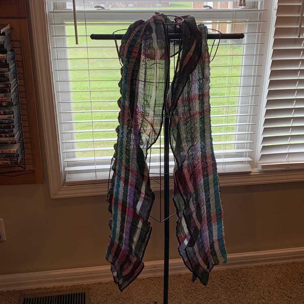 Black white purple and teal scarf.